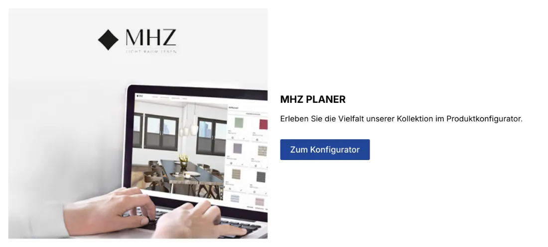 Ausschnitt der Website von Steden Raumgestaltung, Bochum: Konfigurator mit Button direkt daneben — wer sucht, startet mit einem Klick und sieht Varianten sofort im Bild.