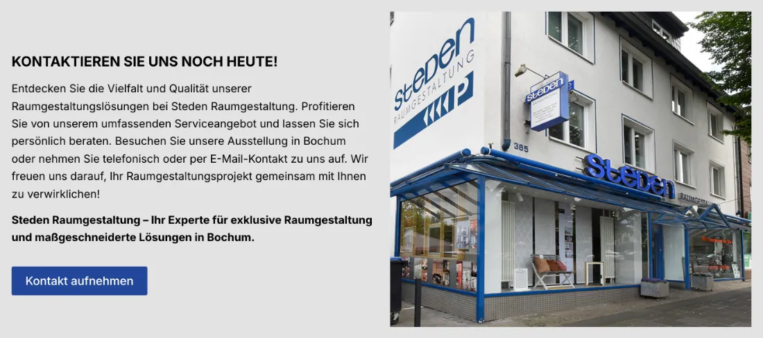 Ausschnitt der Website von Steden Raumgestaltung, Bochum: Kontaktbereich mit großem Button plus Außenfoto mit Hausnummer 385 — der Besucher findet Weg und nächstes To-do ohne Rätsel.