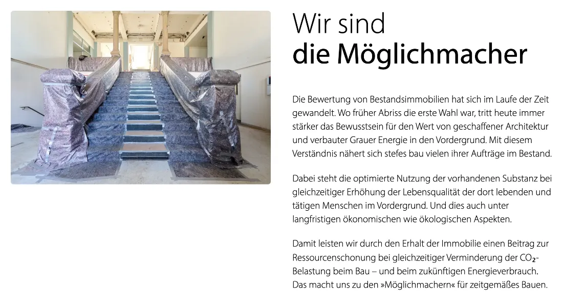 Ausschnitt der Website von stefes bau GmbH, Bremen: Überschrift mit klarer Haltung und Text zum Bauen im Bestand — wer sucht, erkennt Fokus auf Erhalt, graue Energie und CO2.