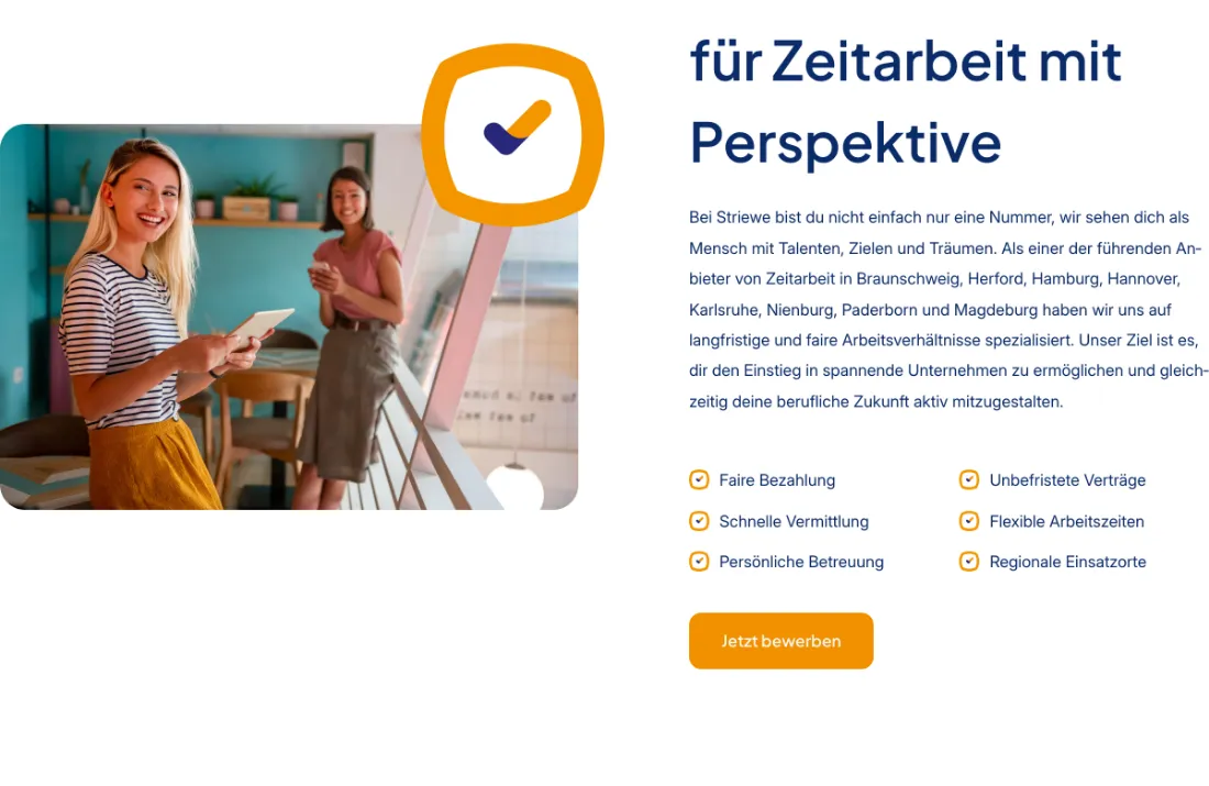 Ausschnitt der Website von Striewe Zeitarbeit GmbH, Landkreis Nienburg (Weser): Sechs klar benannte Vorteile plus auffälliger Bewerben‑Button — der Besucher erkennt Nutzen und hat den nächsten Schritt parat.