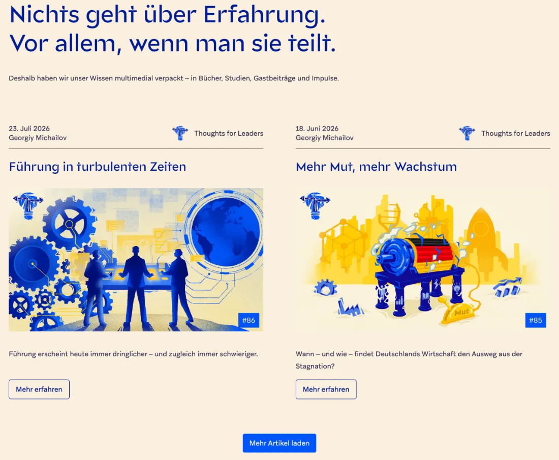 Ausschnitt der Website von Struktur Management Partner GmbH, Köln: Datum, Autor und #86/#85 stehen direkt bei den Teasern — wer sucht, erkennt Aktualität und Reihenfolge auf einen Blick.