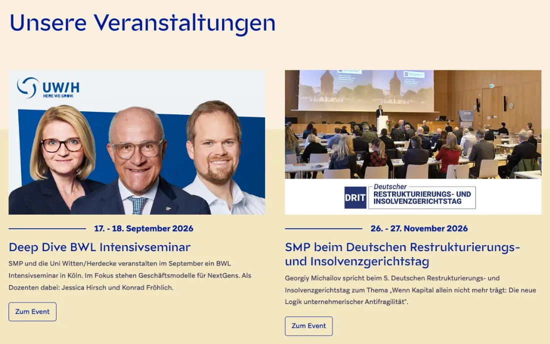 Ausschnitt der Website von Struktur Management Partner GmbH, Köln: Zwei Veranstaltungen mit Datum (17.–18.9., 26.–27.11.2026) und „Zum Event“ — Termine sind planbar und der Weg zur Anmeldung klar.