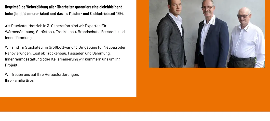 Ausschnitt der Website von Brosi, Landkreis Ludwigsburg: Jahreszahl 1964 und Aufzählung von sechs Leistungen — wer sucht, erkennt Erfahrung und weiß sofort, ob das Angebot passt.