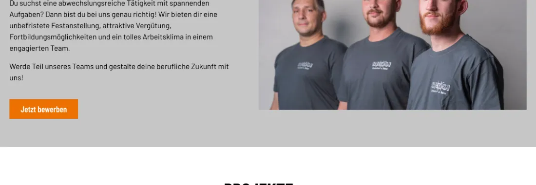 Ausschnitt der Website von Brosi, Landkreis Ludwigsburg: Vorteile klar ausgeschrieben — unbefristet, Vergütung, Fortbildung — Interessenten sehen auf einen Blick, was geboten wird.