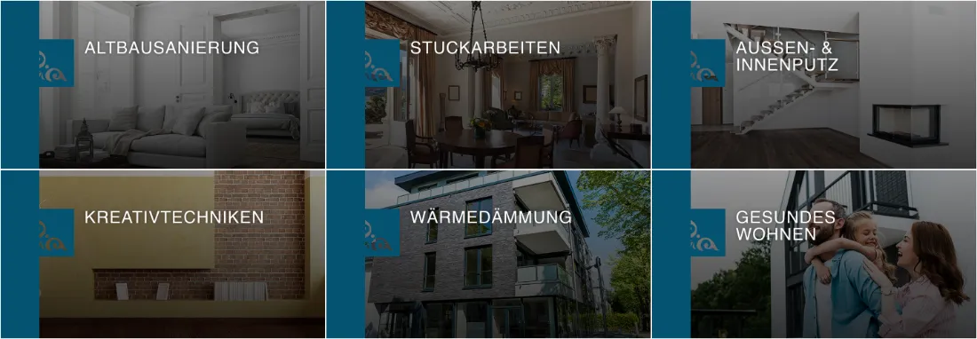 Ausschnitt der Website von Putz- u. Stuckateur Cüpper, Aachen: Sechs klar beschriftete Kacheln strukturieren das Angebot — der Besucher findet sein Thema mit einem Klick.