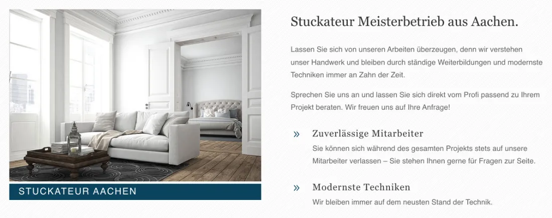 Ausschnitt der Website von Putz- u. Stuckateur Cüpper, Aachen: Überschrift nennt Standort und Meisterstatus, dazu zwei Stichpunkte — im Querlesen sind Kernaussagen sofort verständlich.