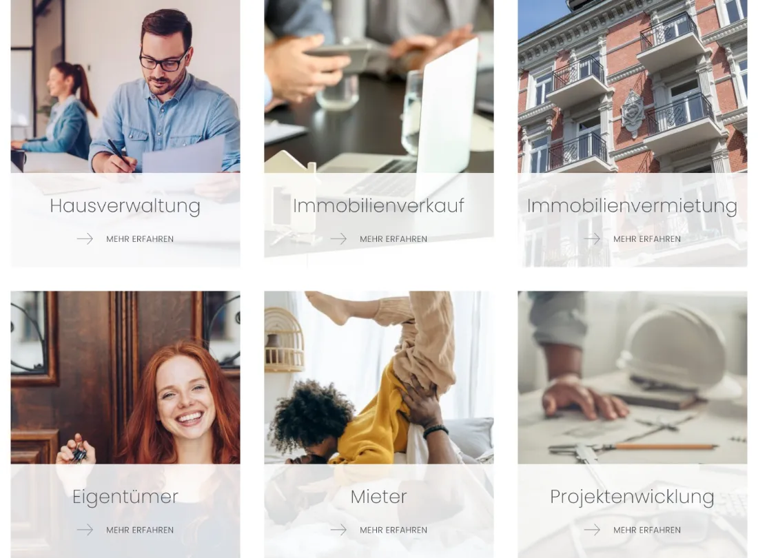 Ausschnitt der Website von SCHMIDT & BETHGE GMBH, Hamburg: Sechs Kacheln mit klaren Leistungen und Zielgruppen — wer sucht, findet ohne Umwege den passenden Einstieg per Klick.