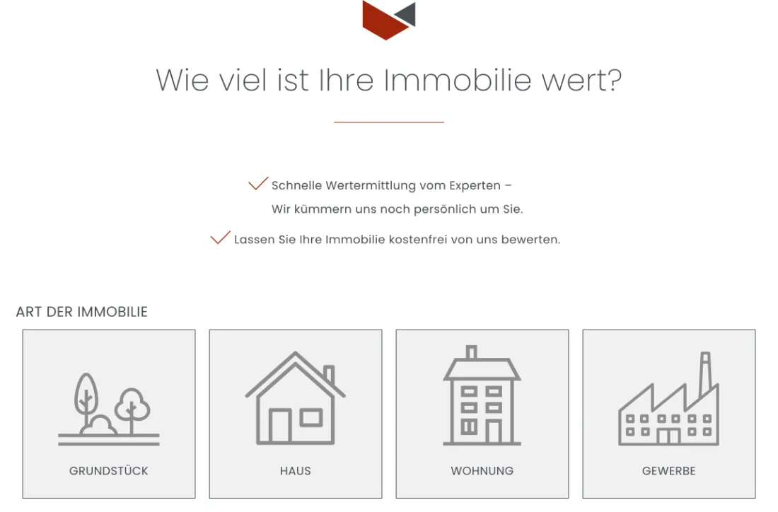 Ausschnitt der Website von SCHMIDT & BETHGE GMBH, Hamburg: Vier Auswahlfelder unter einer klaren Frage zur Wertermittlung — der Besucher weiß sofort, wo die kostenlose Bewertung startet.