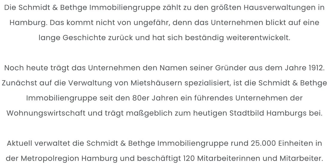 Ausschnitt der Website von SCHMIDT & BETHGE GMBH, Hamburg: 1912 gegründet, 25.000 Einheiten, 120 Mitarbeitende — konkrete Zahlen liefern Belege und ersparen langes Interpretieren.