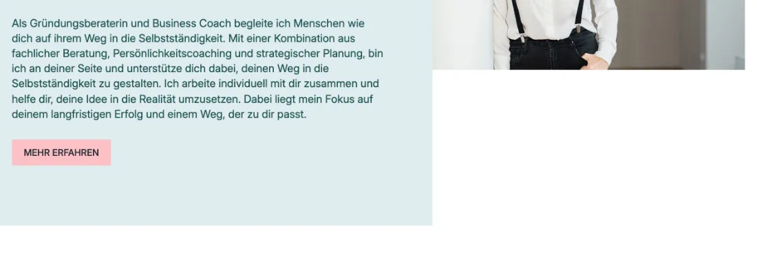 Ausschnitt der Website von AVGS Gründungsberatung & Business Coaching | Susanne Hahn, Berlin: Einstieg nennt das Angebot in drei Bausteinen und schließt mit einem einzelnen rosa Button — der Besucher weiß sofort, wohin klicken.