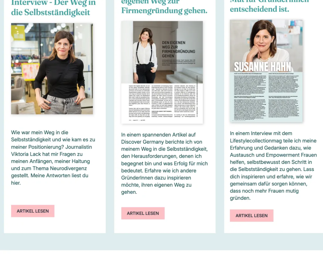 Ausschnitt der Website von AVGS Gründungsberatung & Business Coaching | Susanne Hahn, Berlin: Drei gleich gebaute Karten mit Bild, Teaser und „Artikel lesen“ — wer stöbern will, scannt schnell und findet den passenden Einstieg.