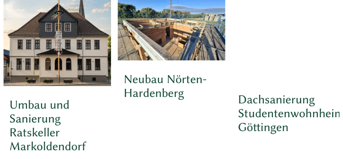 Ausschnitt der Website von Ingenieurbüro Cortnum Einbeck, Landkreis Northeim: Drei Projekte mit Ort und Leistungsart genannt — so erkennt der Besucher auf einen Blick Bandbreite und regionale Erfahrung.