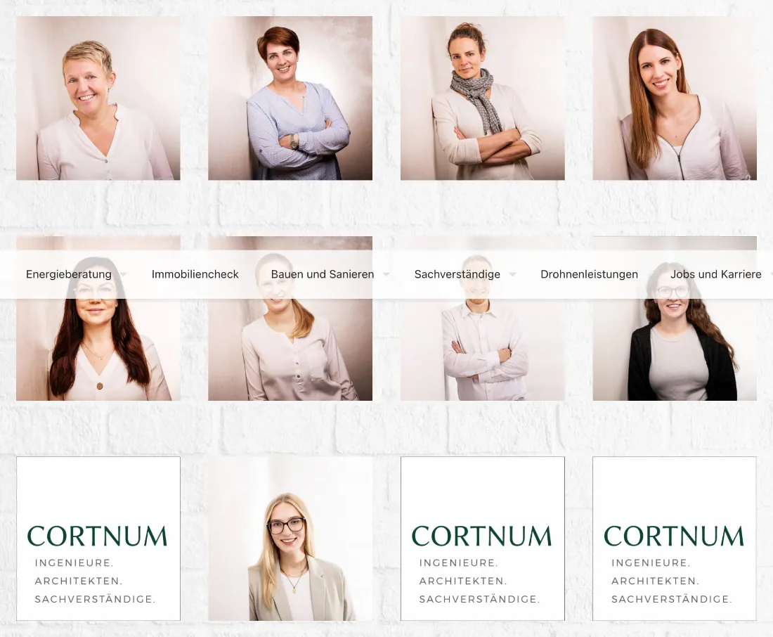 Ausschnitt der Website von Ingenieurbüro Cortnum Einbeck, Landkreis Northeim: Einheitliche Teamfotos plus feste Navigationsleiste — wer sucht, findet Gesichter und gelangt sofort zu Leistungen.