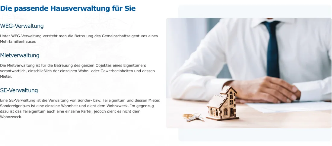 Ausschnitt der Website von SüdWest Immobilienverwaltung GmbH, Stuttgart: Drei Verwaltungsarten mit kurzen Erklärungen — wer sucht, erkennt schnell, welche Leistung zum eigenen Objekt passt.