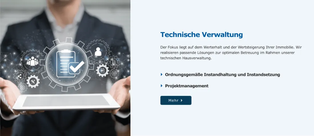 Ausschnitt der Website von SüdWest Immobilienverwaltung GmbH, Stuttgart: Zwei klar benannte Schwerpunkte und ein Mehr-Button — wer vertiefen will, findet Details ohne Umwege.