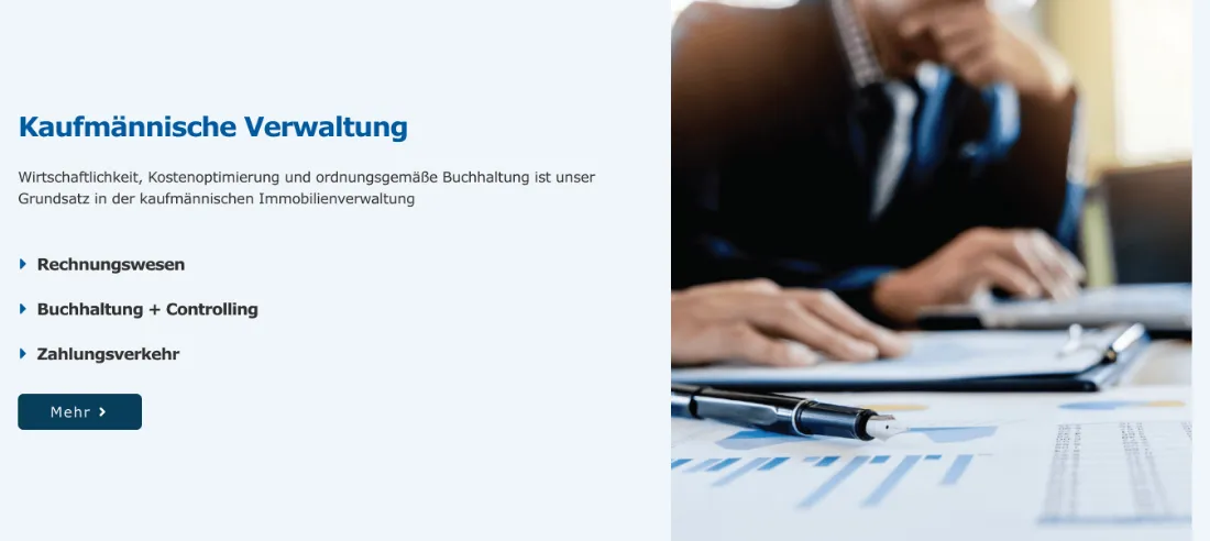 Ausschnitt der Website von SüdWest Immobilienverwaltung GmbH, Stuttgart: Drei Aufgabenfelder als Liste samt Mehr-Button — der Besucher muss nichts erraten und kann gezielt weiterlesen.