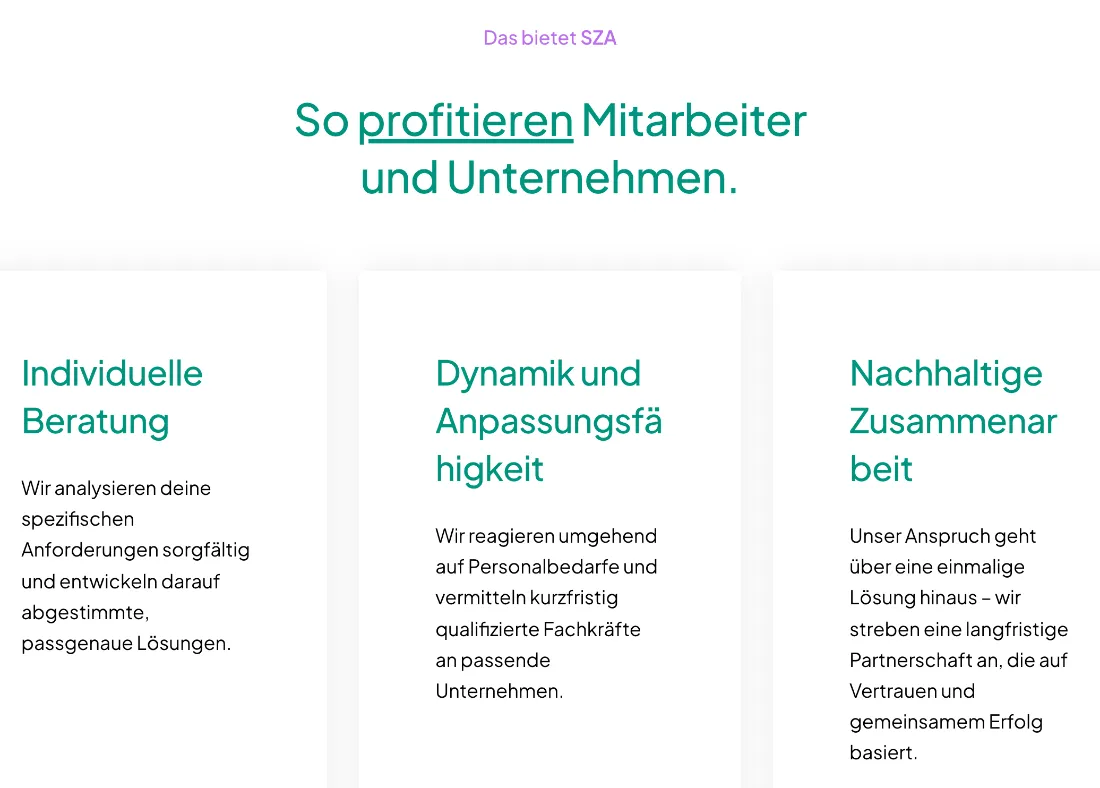 Ausschnitt der Website von Service Zeit Arbeit Pfeiffer GmbH, Hamburg: Drei klar getrennte Kacheln benennen den Nutzen — wer vergleicht, erfasst das Angebot in Sekunden statt langer Absätze.
