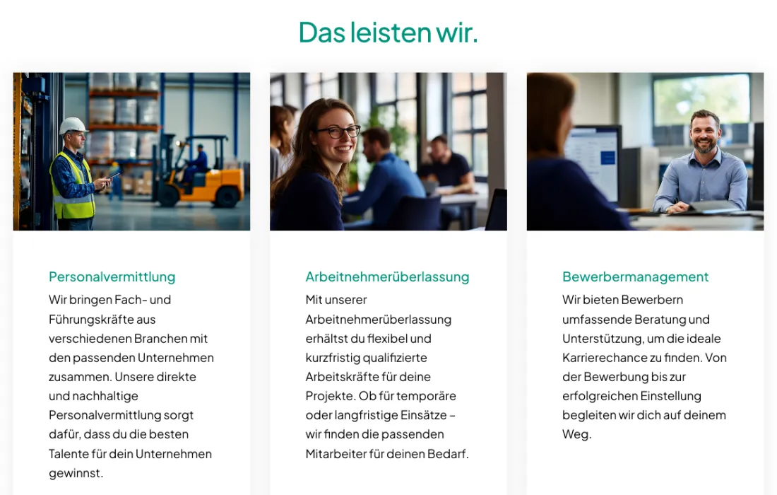 Ausschnitt der Website von Service Zeit Arbeit Pfeiffer GmbH, Hamburg: Drei Leistungen mit präzisen Begriffen und Fotos nebeneinander — wer sucht, ordnet schnell zu und prüft die Passung.