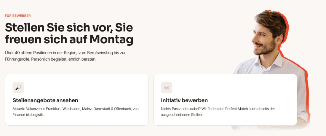 Ausschnitt der Website von Tatenwerk Frankfurt, Frankfurt am Main: Bewerber und Unternehmen bekommen je einen eigenen Einstieg — niemand liest sich durch fremde Inhalte.