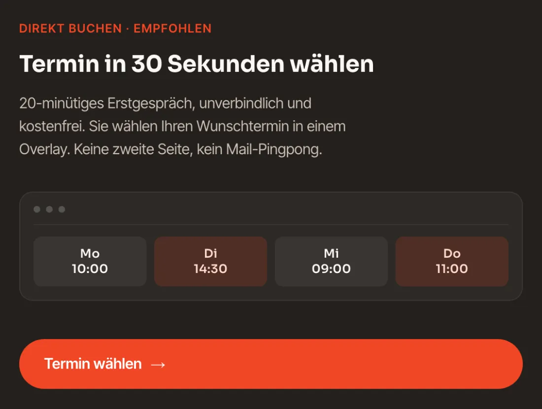Ausschnitt der Website von Tatenwerk Frankfurt, Frankfurt am Main: Termin direkt auf der Seite wählen statt Mail-Pingpong — die Hürde zur Anfrage fällt fast weg.