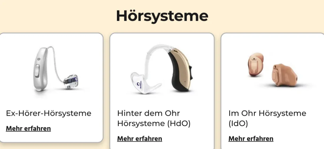 Ausschnitt der Website von terzo-Zentrum Andreas Huppmann GmbH, Landkreis Starnberg: Drei Kacheln mit klaren Kategorien und Abkürzungen in Klammern — der Besucher muss nichts erraten und findet den Typ schnell.
