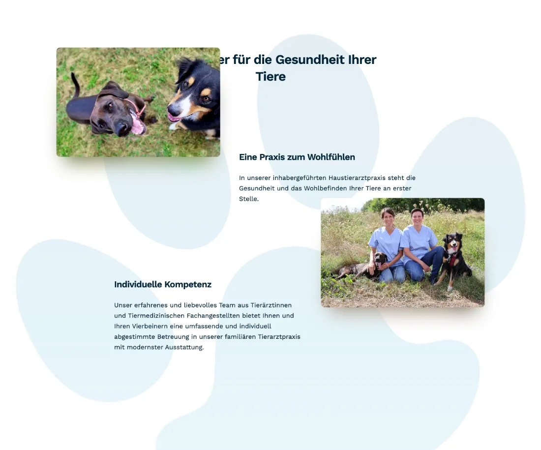 Ausschnitt der Website von Tierarztpraxis im Planetenviertel Bauer & Prochaska GbR, Leipzig: Team- und Tierfotos flankieren klare Kernaussagen — wer sucht, erkennt sofort, wer hier arbeitet und wofür die Praxis steht.