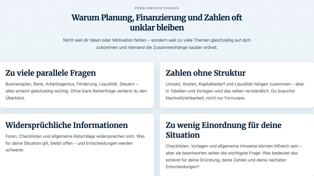 Ausschnitt der Website von Torsten Schrimper, Essen: Vier typische Hürden klar benannt — wer sich wiedererkennt, versteht den Bedarf und warum Struktur bei Zahlen oft fehlt.
