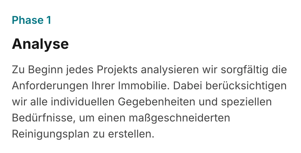 Ausschnitt der Website von tsc Gebäudedienste technical – systematic – cleaning e.K., Landkreis Dachau: Phase 1 ist klar nummeriert und erklärt — der Besucher versteht den Startpunkt und die Reihenfolge der nächsten Schritte.