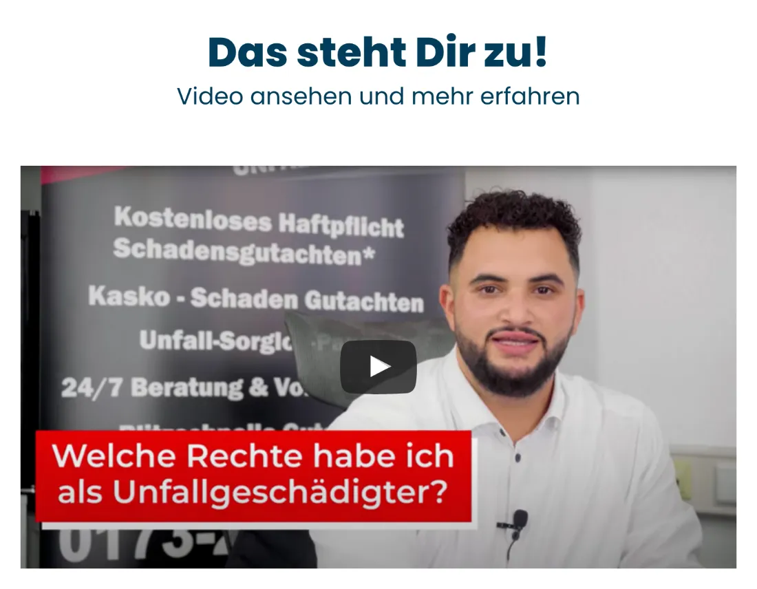 Ausschnitt der Website von Unfallgutachten Zentrum, Bremen: Überschrift und klarer Videotitel nennen das Thema sofort — wer unsicher ist, erkennt Nutzen und klickt nicht ins Blaue.