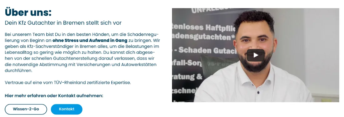Ausschnitt der Website von Unfallgutachten Zentrum, Bremen: Text nennt Ablauf und TÜV‑Rheinland‑Zertifizierung, daneben Video — wer prüft, erhält Belege und versteht, wie gearbeitet wird.