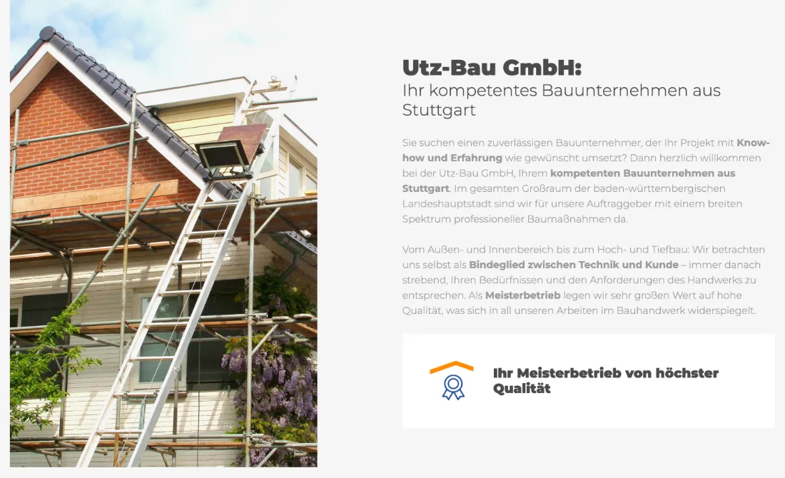 Ausschnitt der Website von Utz Bau GmbH, Stuttgart: Klarer Einstieg mit Firmenname, Standort und Meisterbetrieb-Siegel — wer sucht, erkennt Leistung, Region und Qualität sofort.