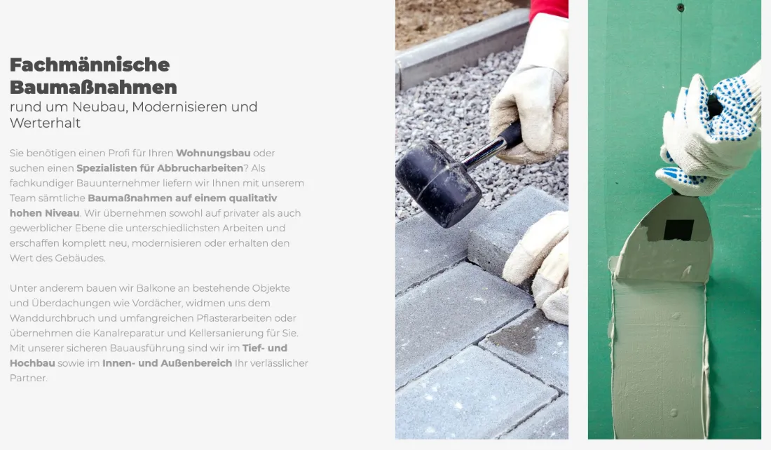 Ausschnitt der Website von Utz Bau GmbH, Stuttgart: Überschrift nennt drei Einsatzfelder und der Text listet Beispiele — der Besucher erfasst schnell, ob Bedarf abgedeckt ist.