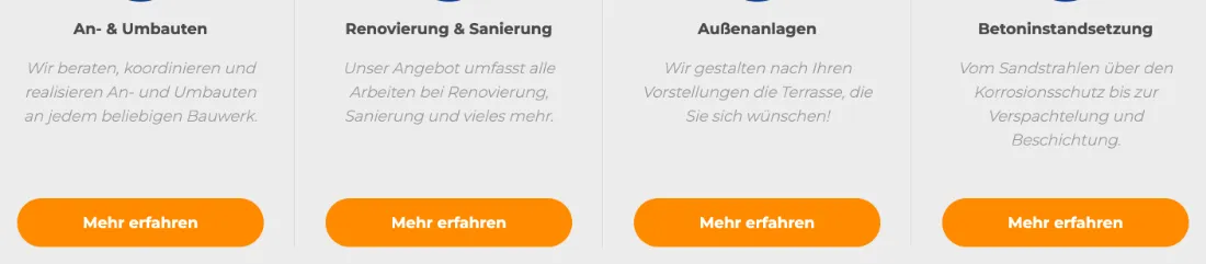 Ausschnitt der Website von Utz Bau GmbH, Stuttgart: Vier Kacheln mit klaren Kategorien und je Button Mehr erfahren — der Besucher findet schneller zum passenden Thema.