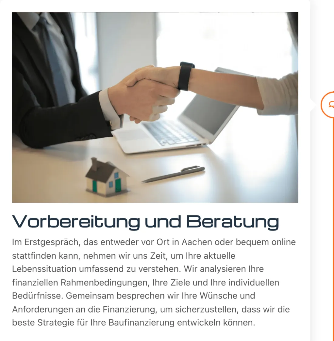 Ausschnitt der Website von Vergleichs-buero Landingpage, Aachen: Erstgespräch vor Ort in Aachen oder online — der Besucher wählt den Startkanal und versteht sofort Ablauf und Ziel der Beratung.