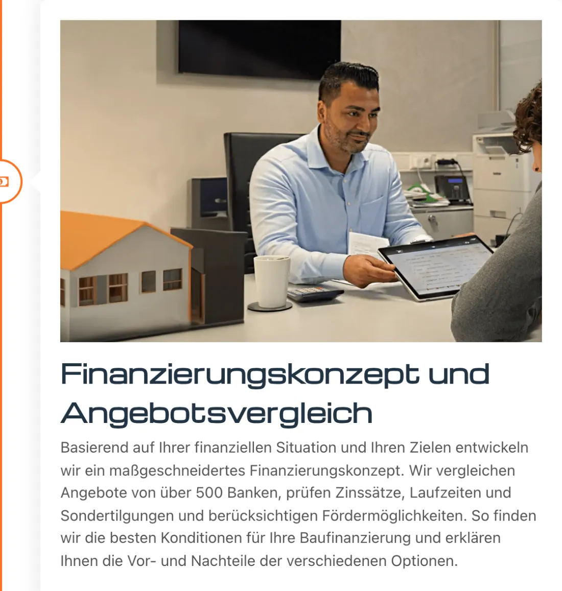 Ausschnitt der Website von Vergleichs-buero Landingpage, Aachen: Vergleich von Angeboten über 500 Banken inkl. Zinsen, Laufzeiten und Sondertilgungen — der Besucher sieht schnell passende Konditionen.