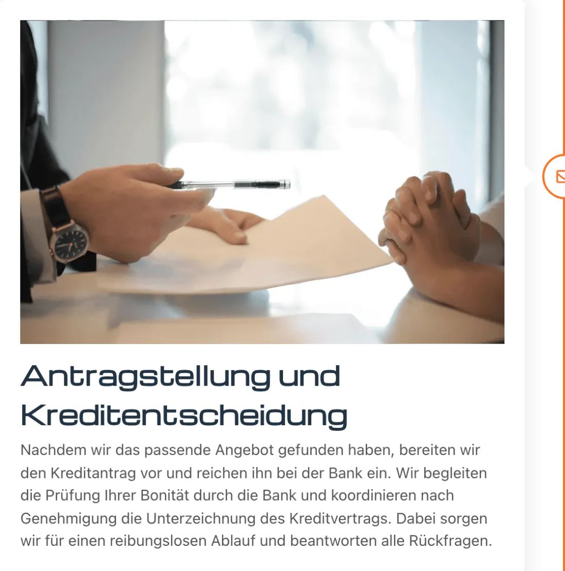 Ausschnitt der Website von Vergleichs-buero Landingpage, Aachen: Klare Auflistung: Antrag wird vorbereitet, Bankprüfung begleitet, Unterzeichnung koordiniert — der Besucher spart Wege und Zeit.