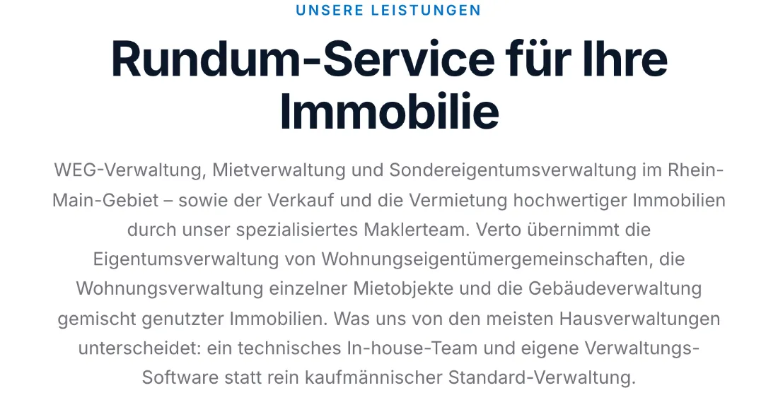Ausschnitt der Website von Verto GmbH, Main-Taunus-Kreis: Die Leistungen sind greifbar: WEG, Miet- und Sondereigentum sowie Verkauf/Vermietung; Technikteam und eigene Software zeigen den Mehrwert.
