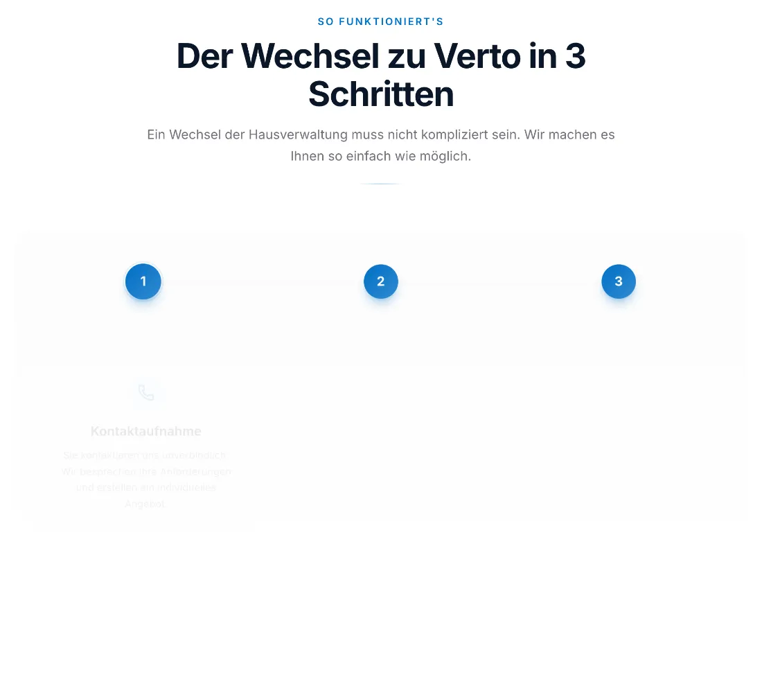 Ausschnitt der Website von Verto GmbH, Main-Taunus-Kreis: Drei nummerierte Kreise strukturieren den Wechsel in 3 Schritte — der Besucher erkennt sofort: Ablauf ist überschaubar.
