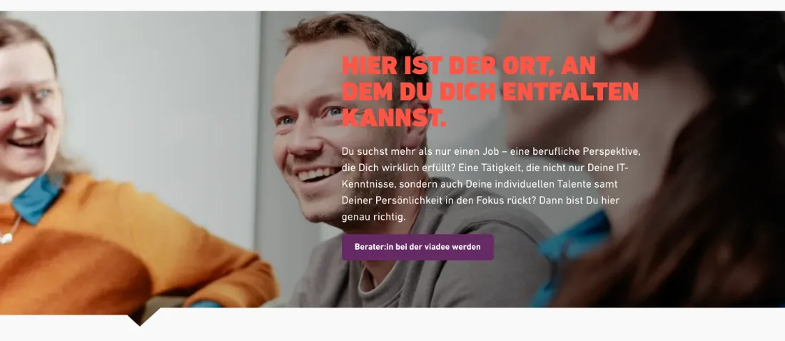 Ausschnitt der Website von viadee Unternehmensberatung AG, Münster: Große, kontrastreiche Überschrift mit klarem Karriereversprechen und sichtbarem Button — wer sucht, findet sofort den Einstieg.