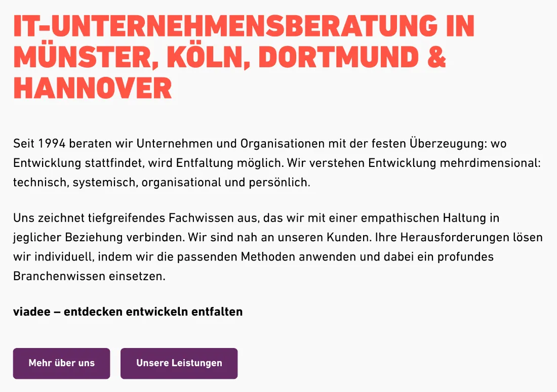 Ausschnitt der Website von viadee Unternehmensberatung AG, Münster: Überschrift nennt vier Standorte, Text das Jahr 1994 — der Besucher verortet das Unternehmen und steigt per zwei Buttons gezielt ein.