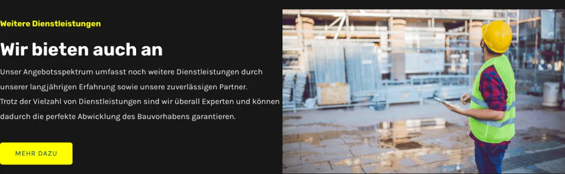 Ausschnitt der Website von Viereck Bau GmbH, Bochum: Eigener Block für Zusatzleistungen — der gelbe Button 'Mehr dazu' liefert Details in 1 Klick, statt Menüsuche.
