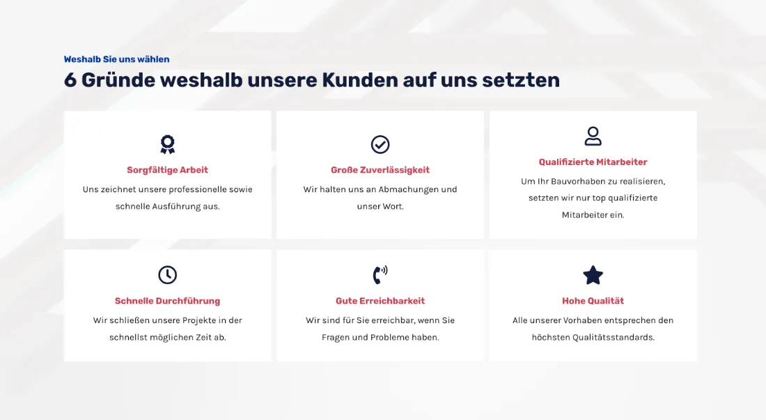 Ausschnitt der Website von Viereck Bau GmbH, Bochum: Sechs Gründe in klaren Kacheln — wer vergleicht, erfasst die wichtigsten Versprechen auf einen Blick, Icons stützen das Scannen.