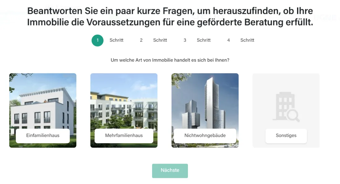 Ausschnitt der Website von Viridis Planung, Hamburg: Ein Förder-Check in vier Schritten statt eines Kontaktformulars — der Besucher bekommt zuerst etwas, bevor er etwas gibt.