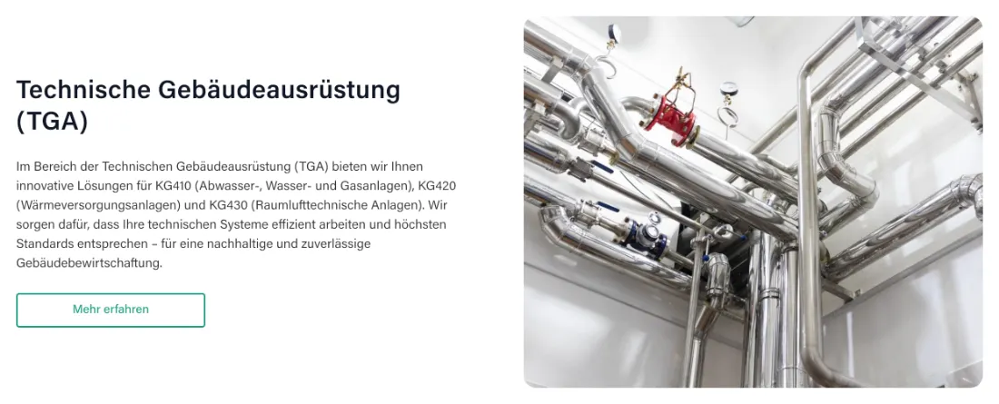 Ausschnitt der Website von Viridis Planung, Hamburg: Jeder Leistungsbereich mit eigenem Foto, Erklärung und Knopf — kein Fachbegriff bleibt unerklärt.