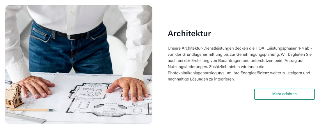Ausschnitt der Website von Viridis Planung, Hamburg: Dieselbe Struktur für jeden Bereich — wer sich einmal zurechtgefunden hat, findet sich überall wieder.