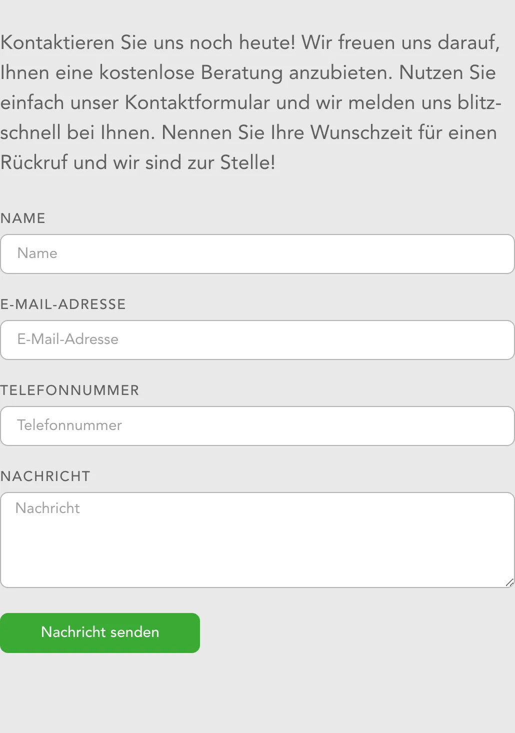 Ausschnitt der Website von MaximilianWadas, Landkreis Breisgau-Hochschwarzwald: Vier Felder und ein grüner Button — der Besucher gibt schnell die nötigsten Daten ab und kann eine Wunschzeit für Rückruf angeben.