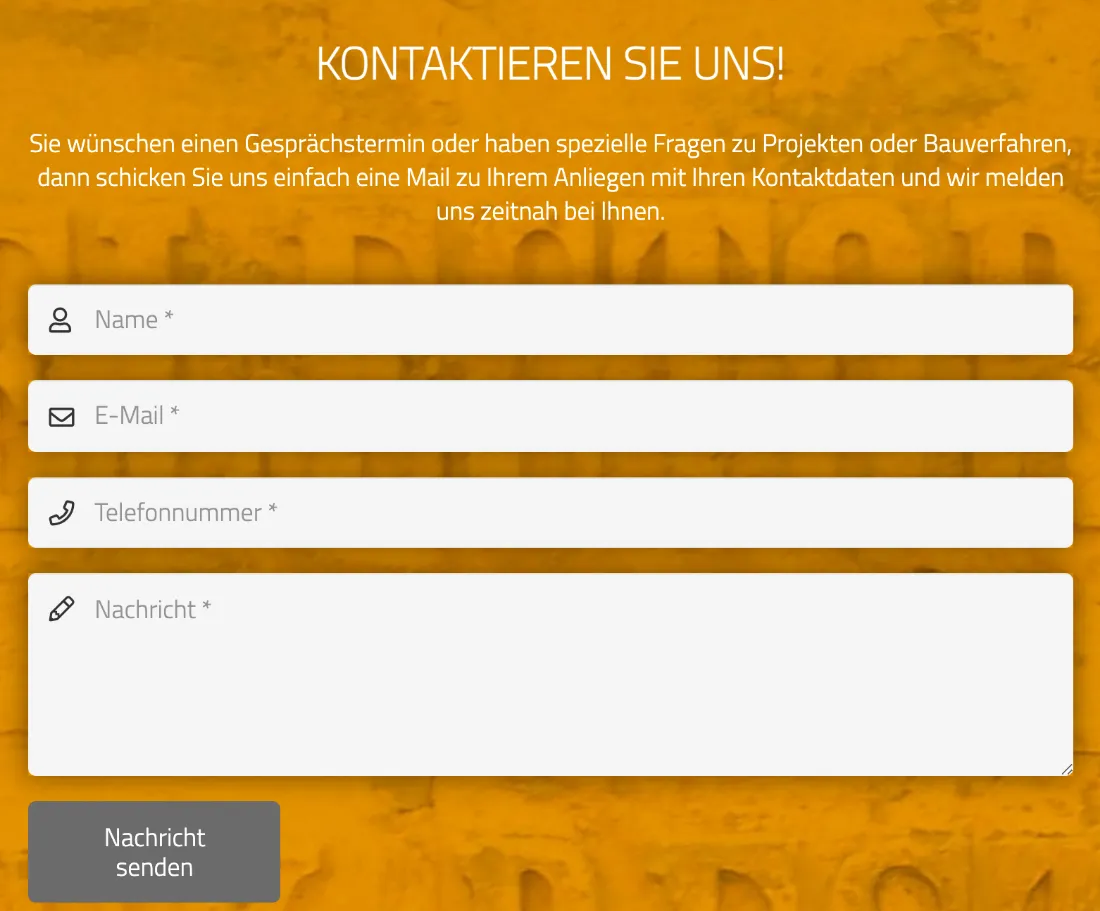 Ausschnitt der Website von WEISSE KUNST, Dresden: Formular mit vier Pflichtfeldern und klarem Senden‑Button — der Besucher übermittelt sein Anliegen ohne Medienwechsel.