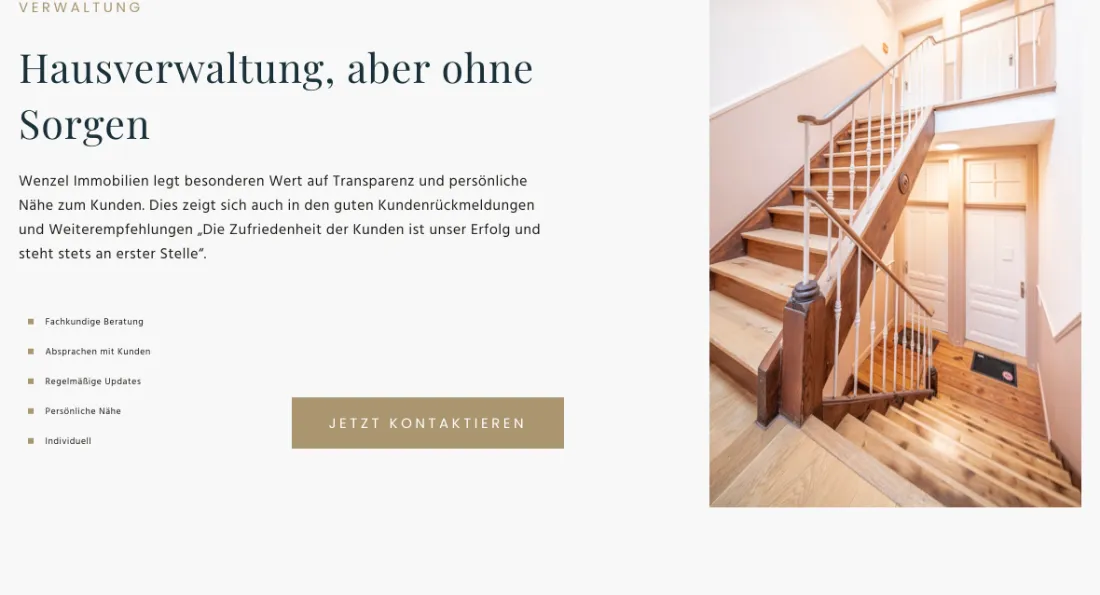 Ausschnitt der Website von wenzel immobilien, Frankfurt am Main: 5 Stichpunkte zu Beratung, Absprachen und Updates — wer sucht, erkennt den Leistungsumfang sofort und spart Rückfragen.