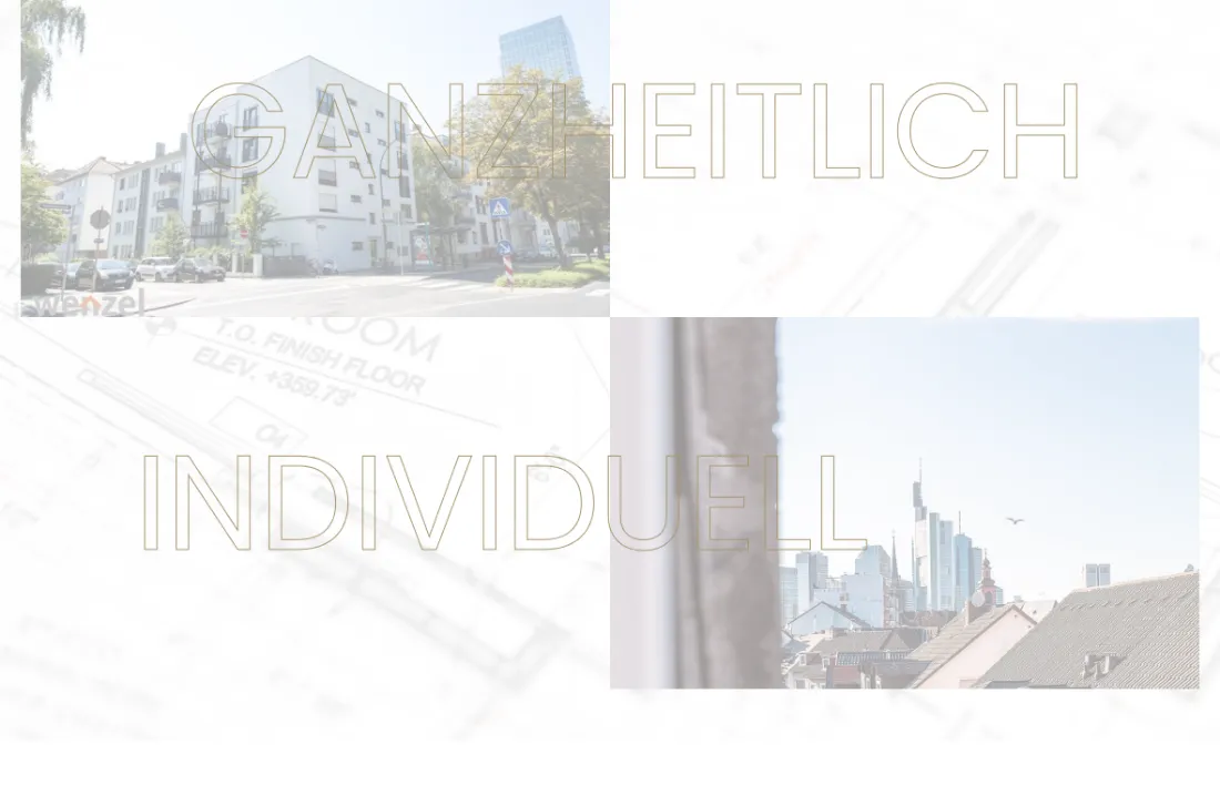 Ausschnitt der Website von wenzel immobilien, Frankfurt am Main: Zwei große Stichworte über Bildern — wer stöbert, versteht in Sekunden Ausrichtung und Arbeitsweise: ganzheitlich, individuell.