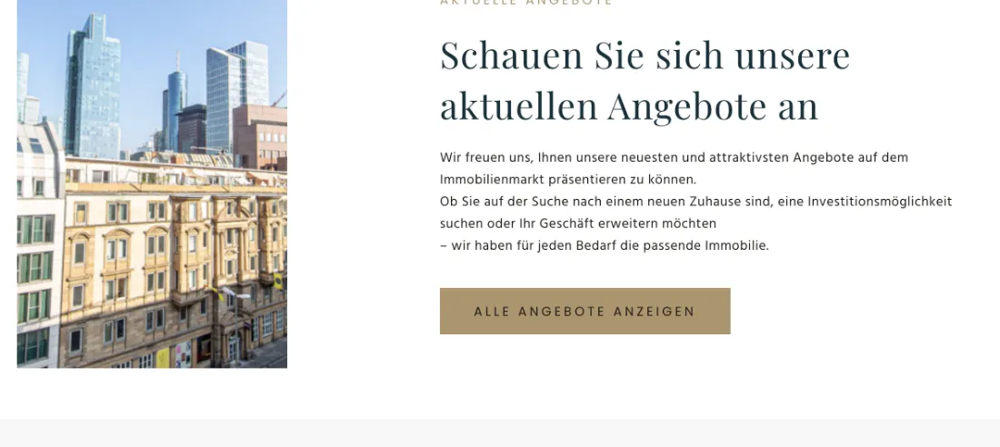 Ausschnitt der Website von wenzel immobilien, Frankfurt am Main: Drei Nutzungsszenarien genannt — wer kaufen, investieren oder erweitern will, findet sich wieder und kommt per Button zur Übersicht.